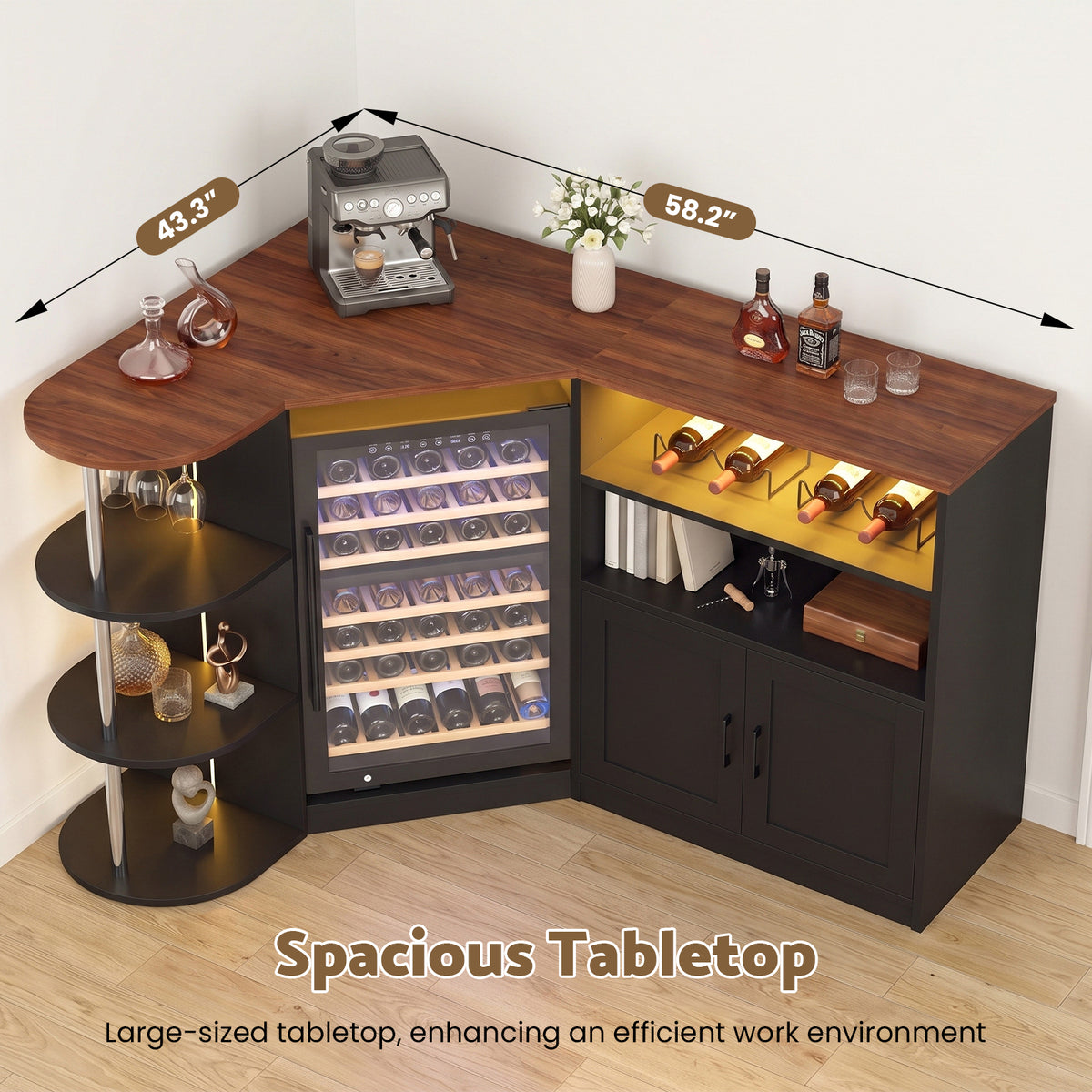 Advwin Corner Coffee Bar Cabinet w/ Fridge Space