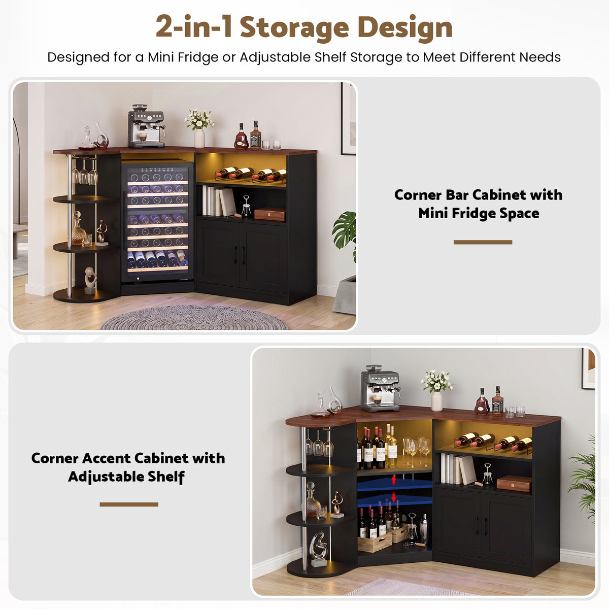 Advwin Corner Coffee Bar Cabinet w/ Fridge Space