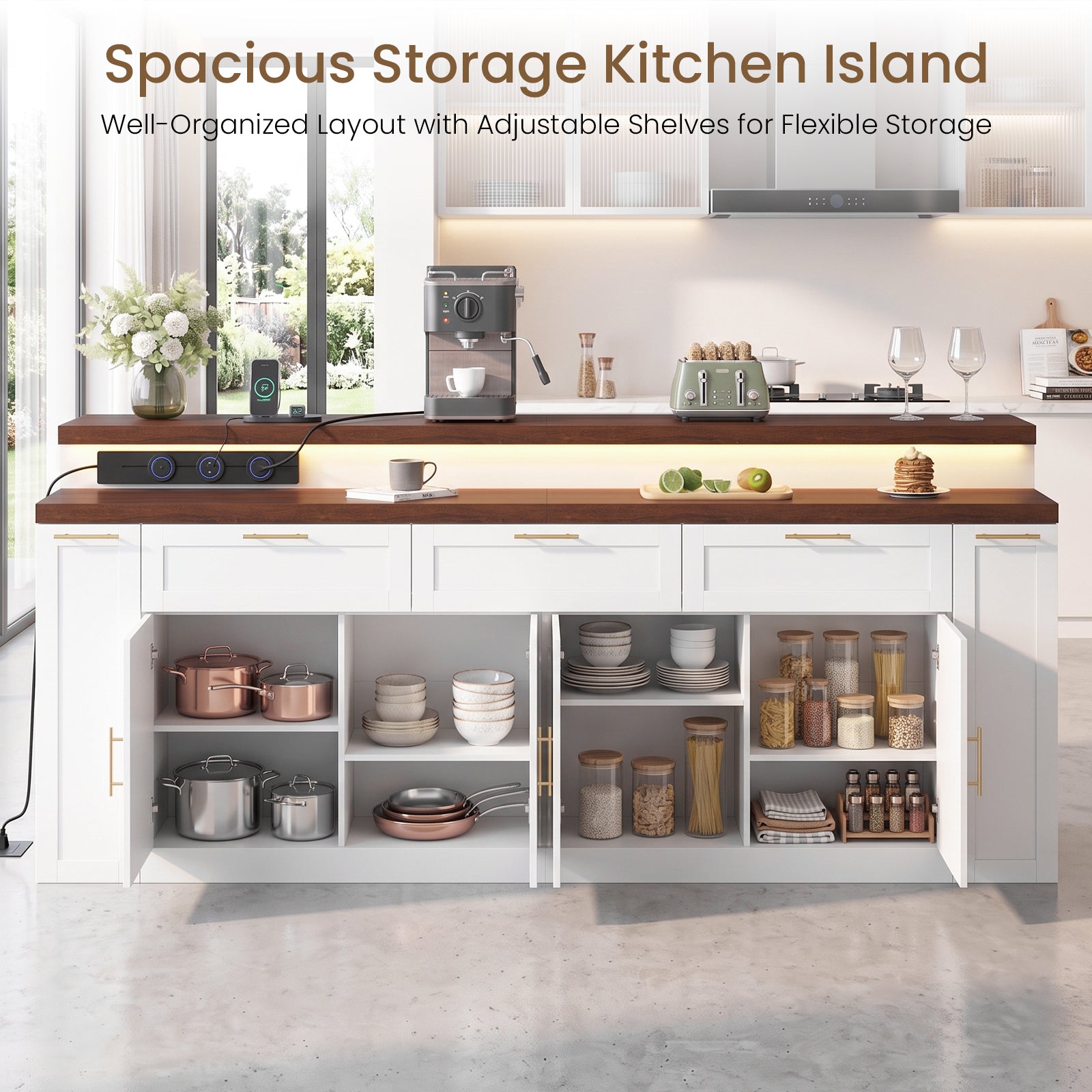 Advwin 92.5" Stationary Kitchen Island with Storage
