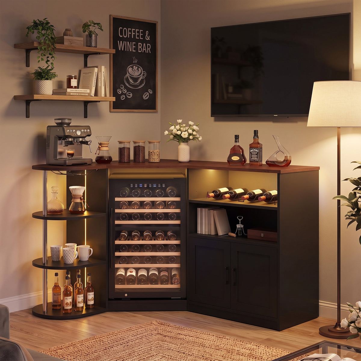 Advwin Corner Coffee Bar Cabinet w/ Fridge Space