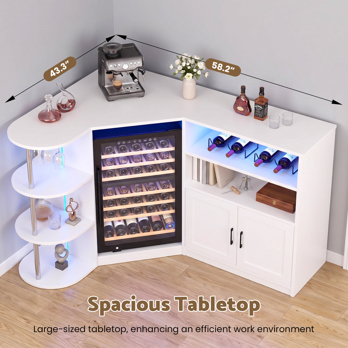 Advwin Corner Coffee Bar Cabinet w/ Fridge Space