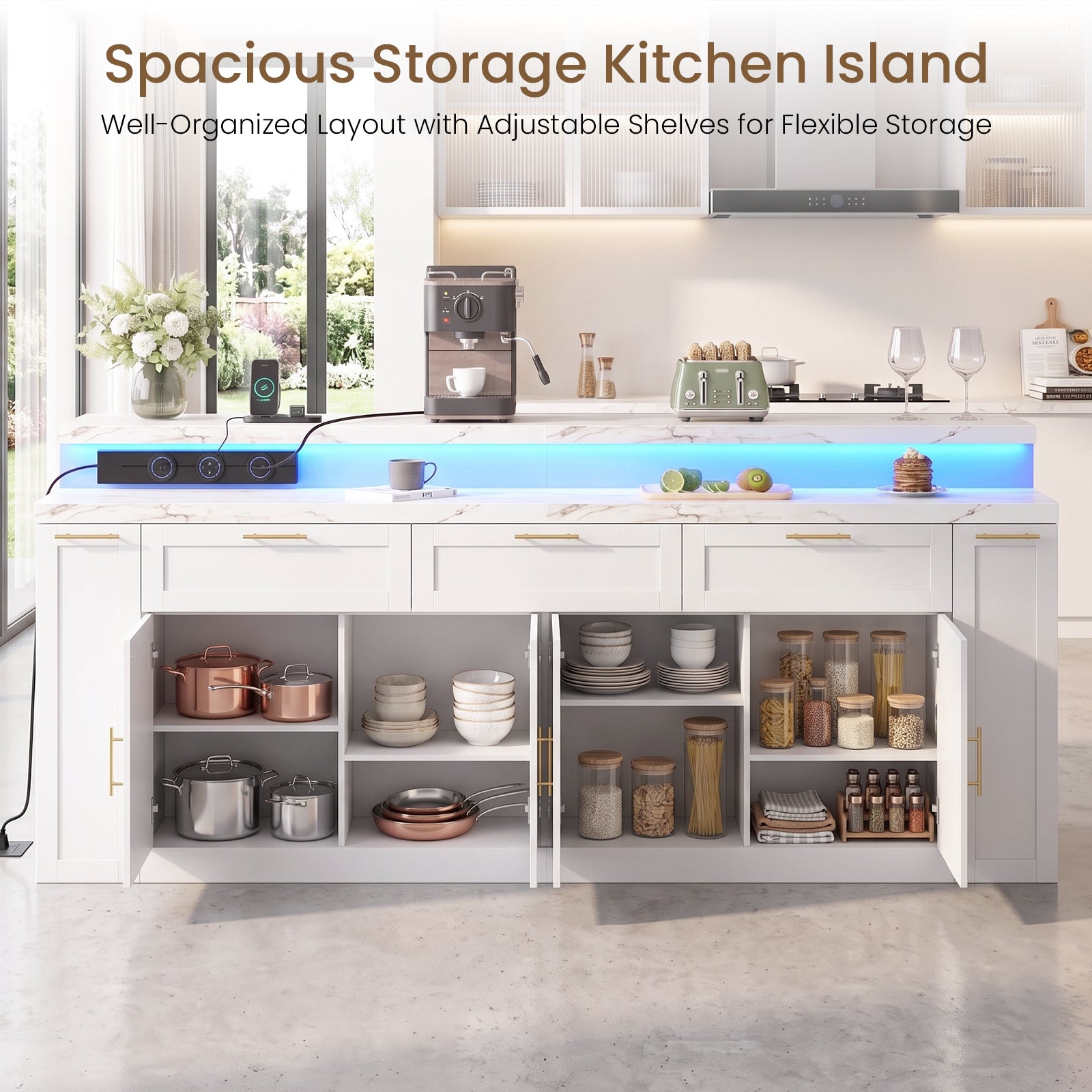 Advwin 92.5" Stationary Kitchen Island with Storage