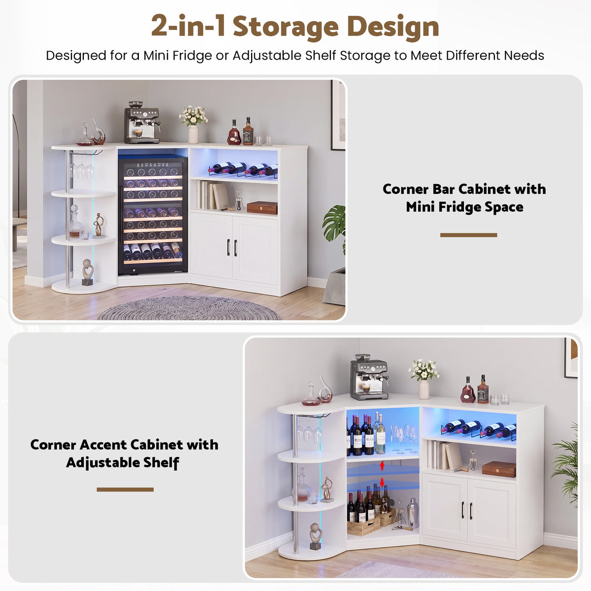 Advwin Corner Coffee Bar Cabinet w/ Fridge Space