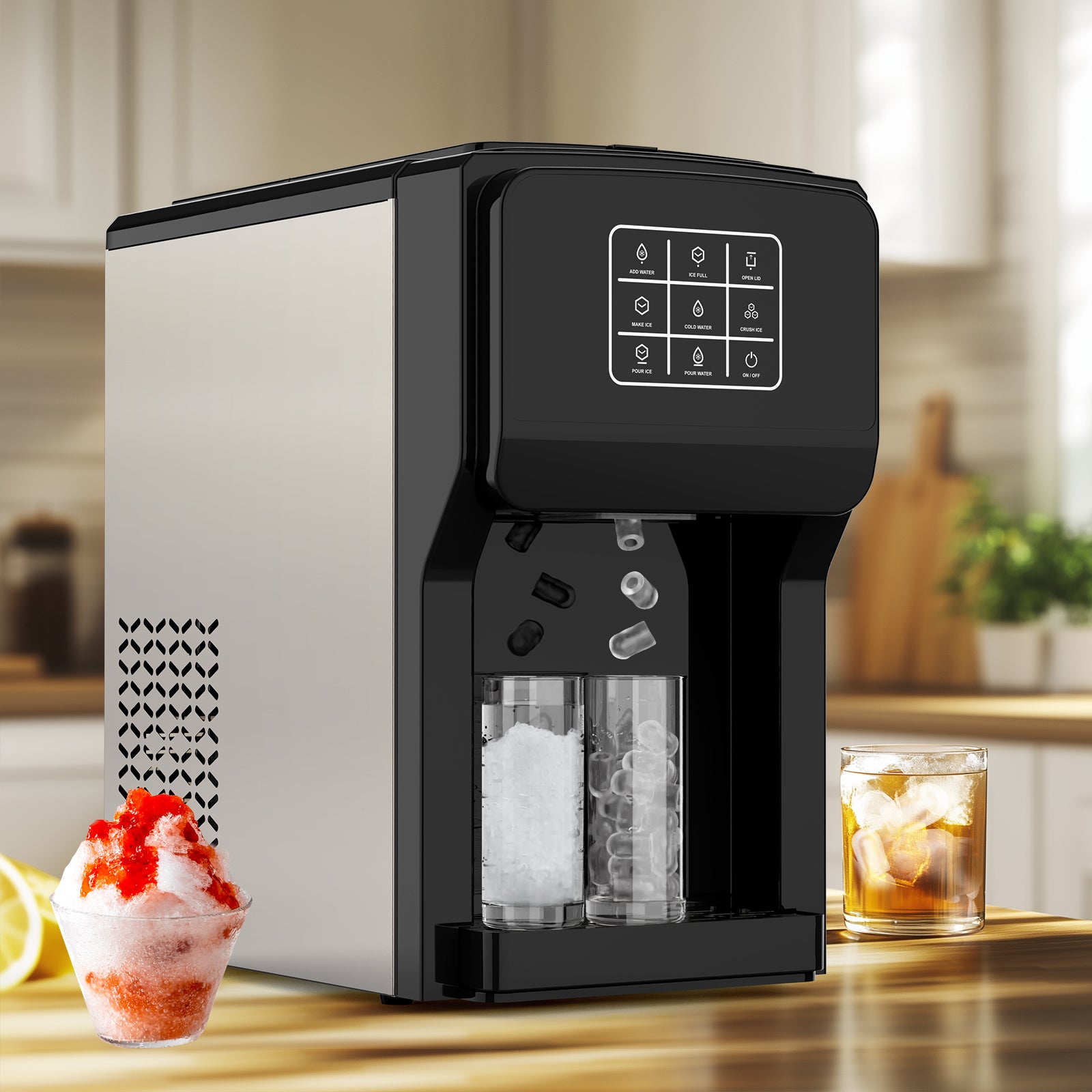 Ice cream machine with a dessert and drink on a wooden surface