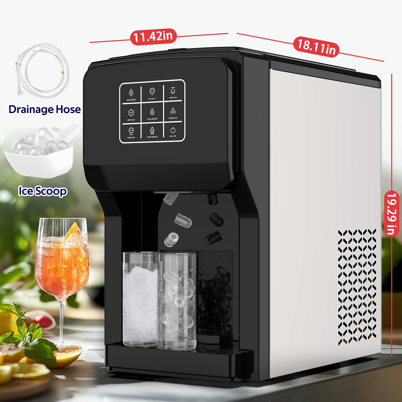 Black and white countertop machine with ice cube tray and glass, surrounded by ice cubes and a drink.