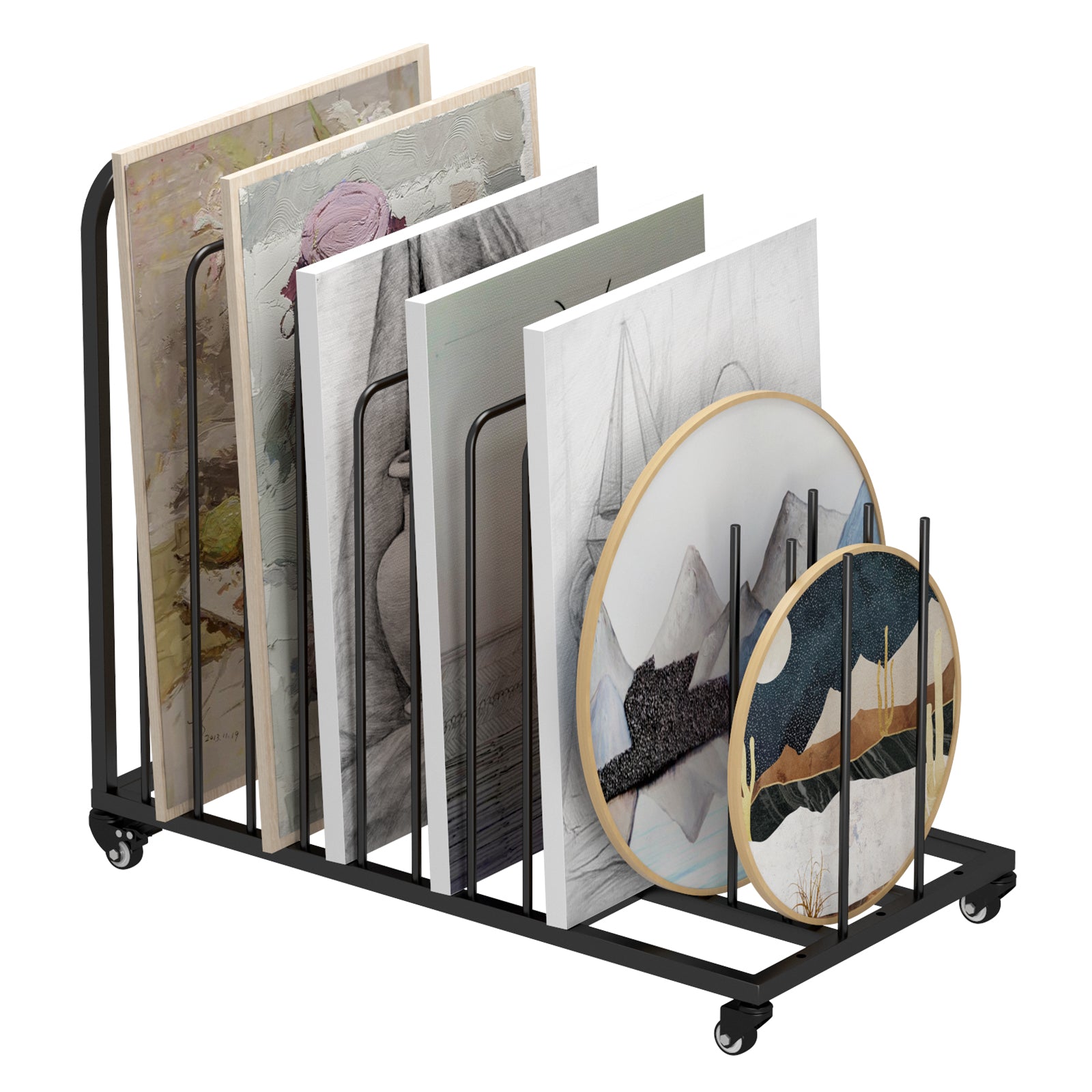 Black metal magazine rack holding various books and a circular artwork on a white background