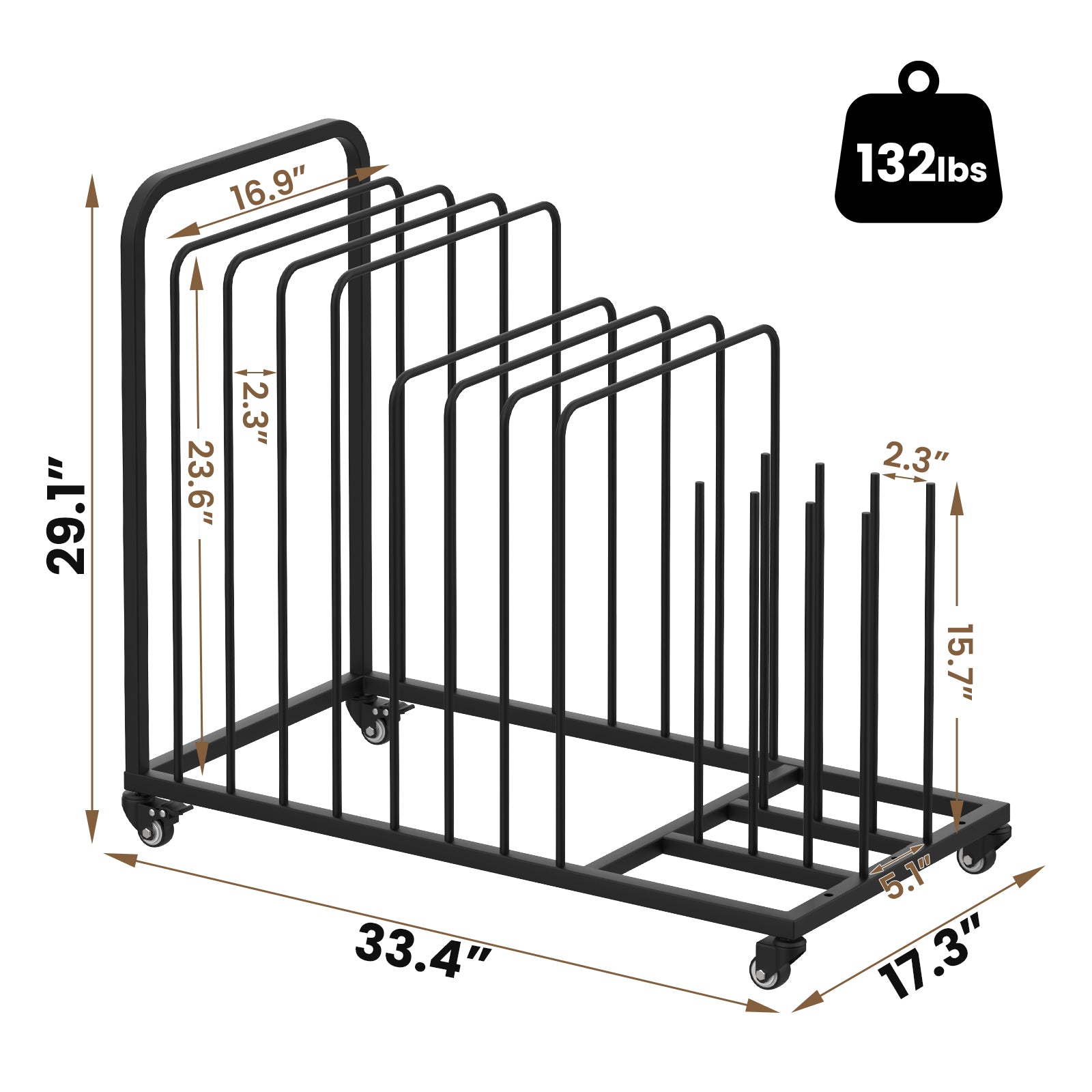 Black metal dish rack with dimensions and weight capacity on a white background