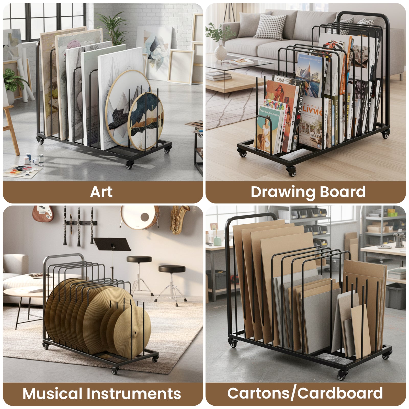 Collage of a rolling cart with various items including art, drawing boards, musical instruments, and cartons/cardboard.