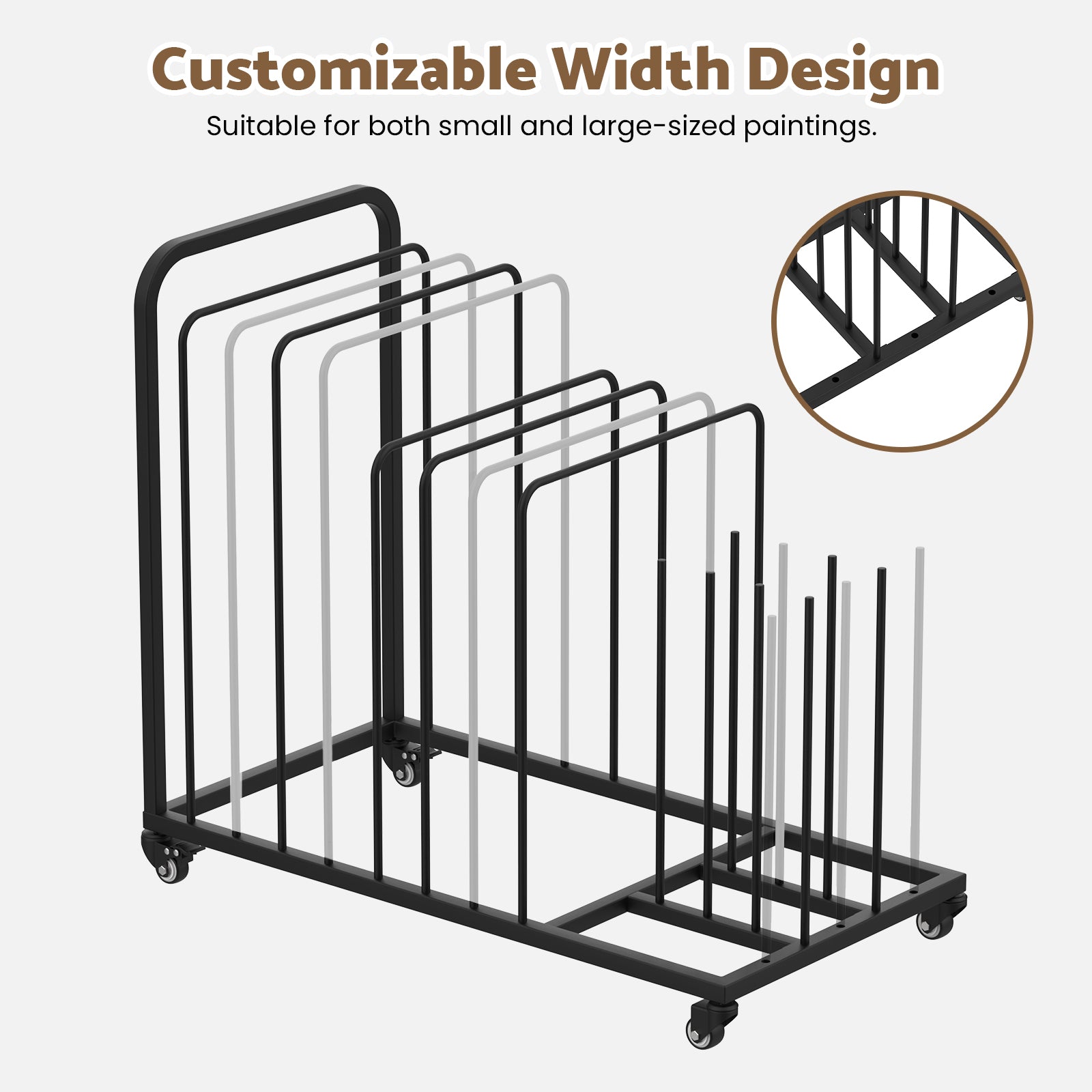Black metal display rack with customizable width design for holding paintings on a white background.