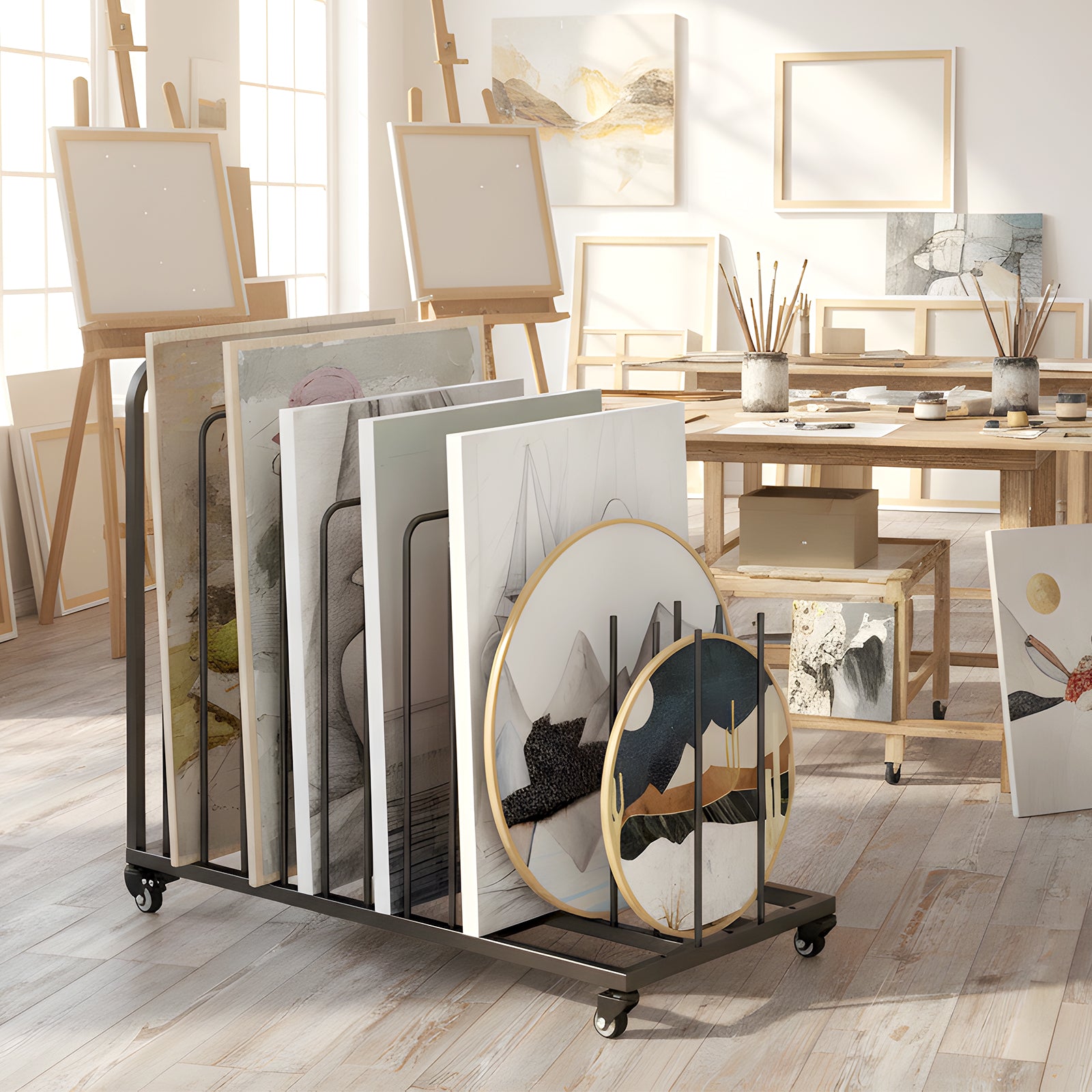 Art display with framed artworks on a rolling stand in an art studio.